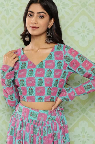 Vista 6 de Janasya Lehenga Choli estampado étnico digital de Georgette verde salvia para mujer
