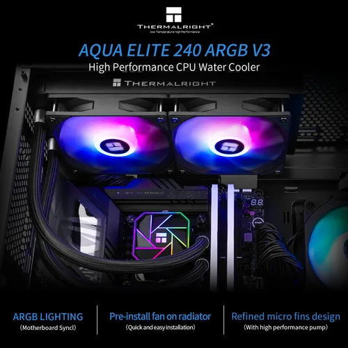 Vista 2 de Thermalright Aqua Elite 240 V3 - Enfriador líquido de CPU, tamaño de fila de enfriamiento de 240, 2 ventiladores PWM de 4.724 in, rodamientos S-FDB