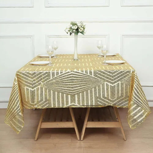 Vista 5 de Efavormart - Mesa cuadrada de tul geométrico con lentejuelas doradas brillantes de 72 pulgadas Dorado