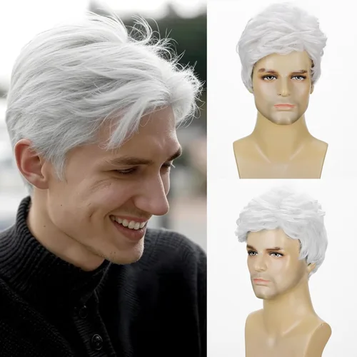 Vista 10 de DDHAIR Peluca rubia para hombre, pelo sintético corto en capas con parte Rubio