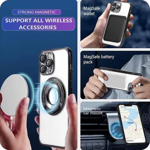 Vista 3 de Funda magnética con soporte invisible para iPhone 15 Pro Max, compatible con MagSafe, protector de lente de cámara integrado, chapado de lujo