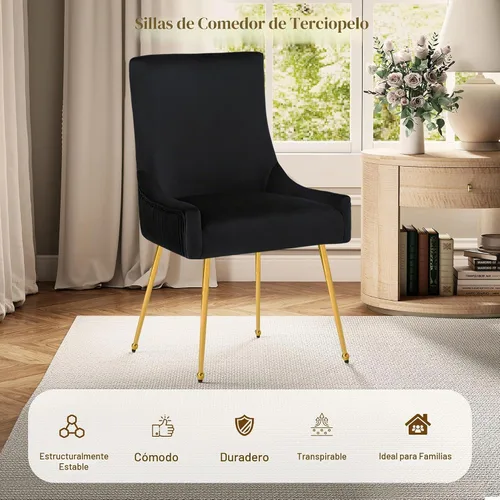 Vista 7 de adochr - Juego de 2 sillas de comedor de terciopelo con patas de metal dorado, color negro