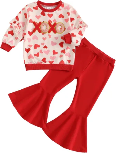 Vista 7 de Kayotuas Conjunto de sudadera de manga larga con estampado de corazón dulce y pantalones acampanados para bebés y niñas pequeñas Daddys Valentien