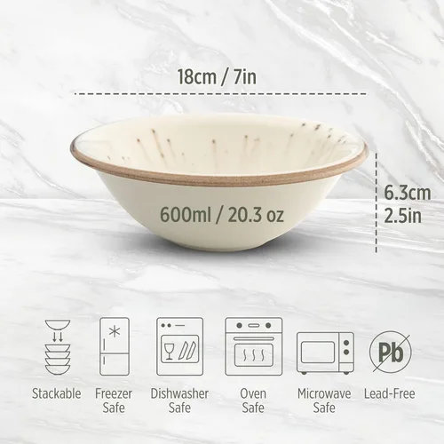 Vista 2 de Bascuda Juego de 4 cuencos de porcelana para cereales de 21.3 onzas fluidas y 20.3 fl oz, 7.1 in, elegantes cuencos para sopa, cereales, ensaladas