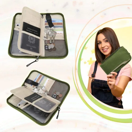 Vista 4 de ZOPPEN Cartera de viaje RFID y organizador de documentos con cremallera con correa de muñeca extraíble, Cartera RFID