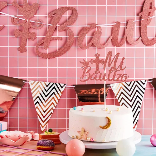 Vista 4 de Mi Bautizo Banner para pastel con purpurina cruzada triangular, pancarta de bautizo rosa, telón de fondo para decoración de primera comunión