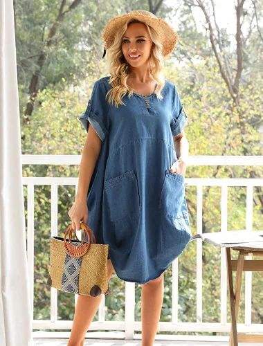 Vista 5 de Minibee - Vestidos casuales por debajo de la rodilla, holgados, con volantes y bolsillos para mujer