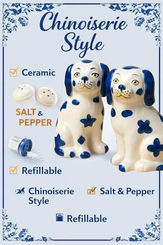 Vista 2 de Staffordshire Dogs Chinoiserie Decor - Juego de salero y pimentero decorativo azul, cerámica pintada a mano