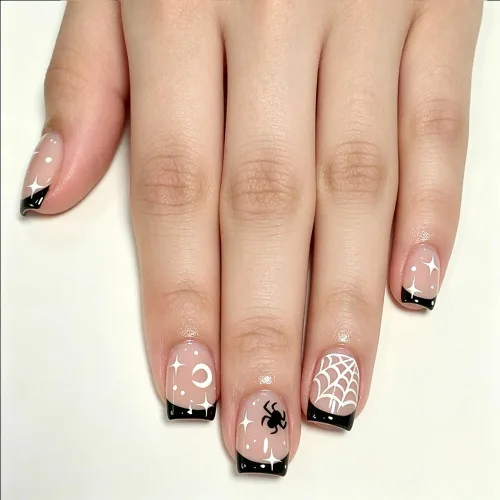 Vista 59 de Uñas postizas a presión medianas con diseño geométrico blanco almendra – 24 uñas postizas reutilizables de ABS brillante, fácil de aplicar, juego