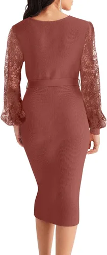 Vista 3 de MEROKEETY Vestido de suéter de manga larga con cuello en V para mujer, sexy, de punto envolvente, ajustado, con cinturón