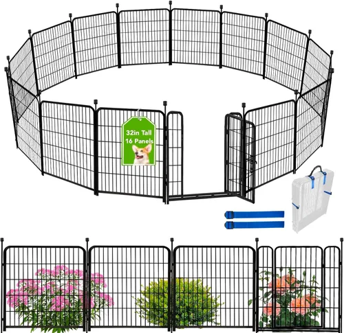 Vista 23 de ADAVIN Valla de jardín de 24 pulgadas de alto con puerta, 4 paneles en total de 9.8 pies de largo, valla de barrera de metal de hierro resistente