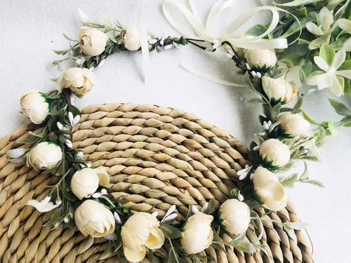 Vista 4 de Floral Fall Camellia - Corona de flores para boda, novia, niña, halo de maternidad, accesorios de fotos FL-03
