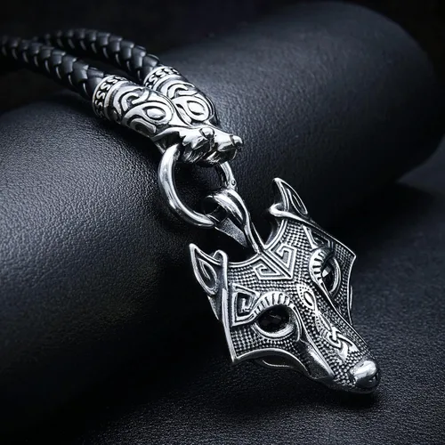 Vista 3 de BAVIPOWER Colgante de cabeza de lobo con collar de cuero trenzado de acero inoxidable, collar escandinavo nórdico auténtico, joyería vikinga