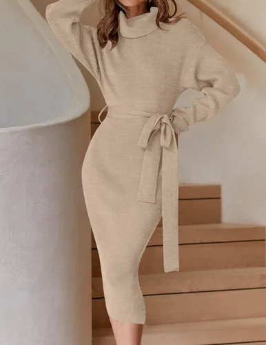 Vista 24 de ZESICA - Vestido por debajo de la rodilla de suéter, de cuello alto, para mujer, de manga larga, de punto acanalado, con abertura y cinturón