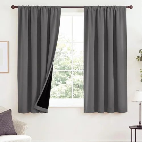 Vista 101 de NICETOWN Biscotti Beige 100% Cortinas opacas de 45" de largo para cocina, bolsillo con varilla para sótano completamente opaco, cortinas térmicas