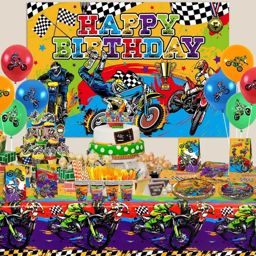 Vista 6 de Suministros de fiesta de motocross, incluye telón de fondo de feliz cumpleaños, plato, servilleta, vasos, adornos para pasteles, bolsas de regalo