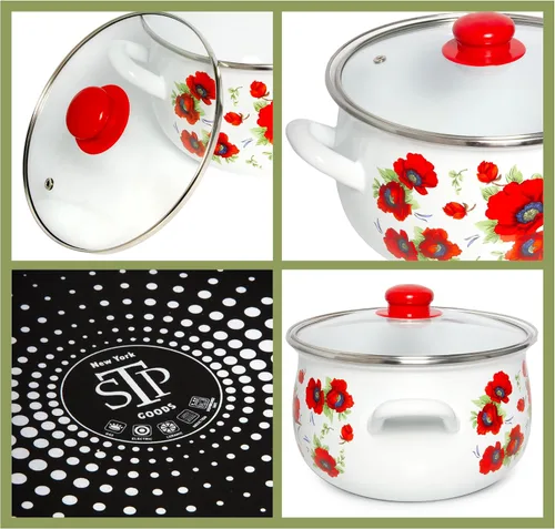 Vista 6 de Olla de aluminio esmaltado amapolas vientre cazuela profunda olla de cocina con tapa de vidrio Utensilios de cocina Olla de sopa (2.1 L)