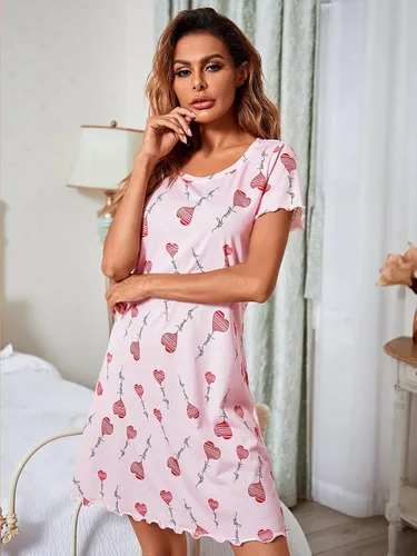 Vista 5 de Camisón de manga corta para mujer, con cuello redondo, con volantes, cómodo camisón