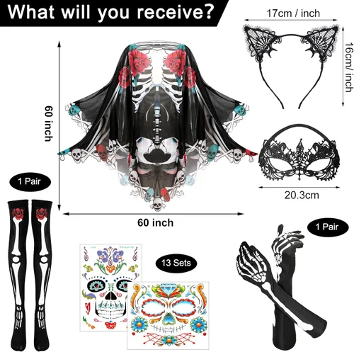 Vista 7 de Eurzom Traje de esqueleto de Halloween de 18 piezas para guantes de hueso, calcetines, orejas de gato, diadema, máscara de ojos, tatuajes faciales