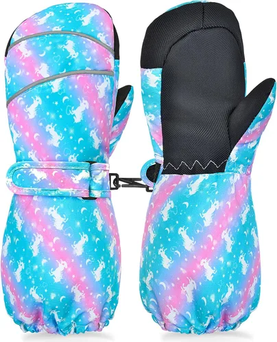 Vista 2 de AuSletie Guantes de invierno impermeables para niños, guantes de esquí para la nieve para niñas, guantes de snowboard cálidos con forro de sherpa