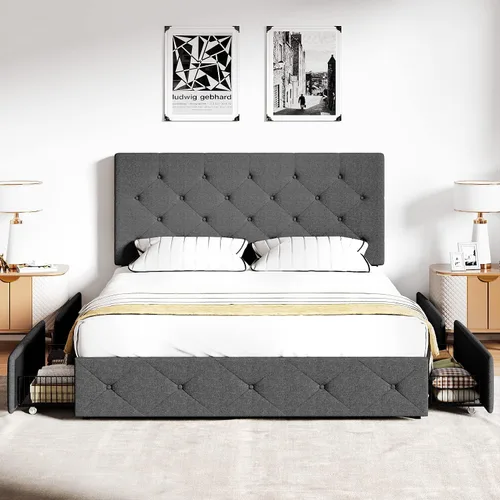 Vista 3 de IMUsee Base de cama Queen con plataforma tapizada con 4 cajones de almacenamiento y cabecera ajustable con botones cosidos de diamante, soporte