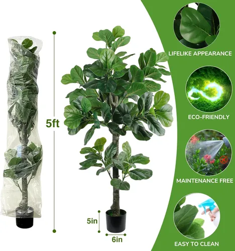 Vista 7 de Árbol de higuera artificial de hoja de violín de 5 pies de alto, planta de higuera falsa para interiores, planta de ficus iyrata falsa que incluye