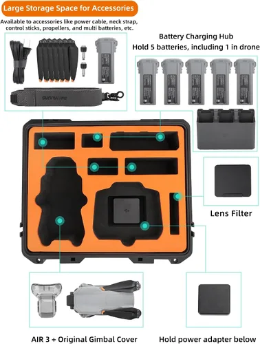 Vista 4 de Funda rígida impermeable para DJI AIR 3, funda de transporte rígida para Air 3 Drone/Fly More Combo, accesorios RC 2/RC-N2, resistente y resistente