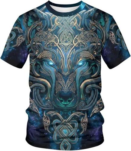 Vista 5 de GLUDEAR Camiseta Vikings para hombre, novedad con estampado 3D de mitología nórdica Aurora Galaxy Life Tree