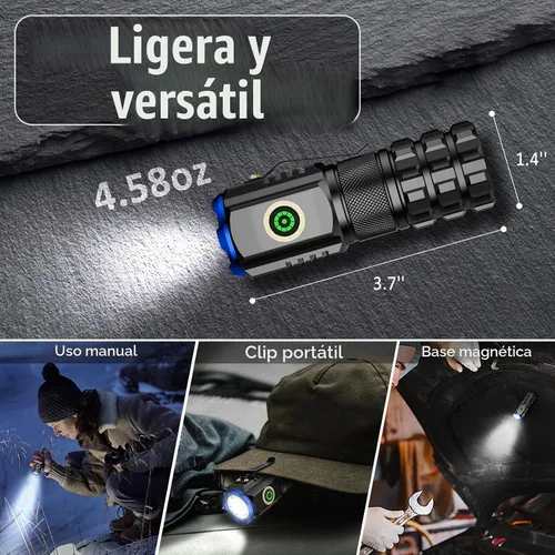 Vista 4 de Mini linterna LED portátil, recargable EDC pequeña linterna de bolsillo 6 modos de iluminación con clip magnético impermeable para camping