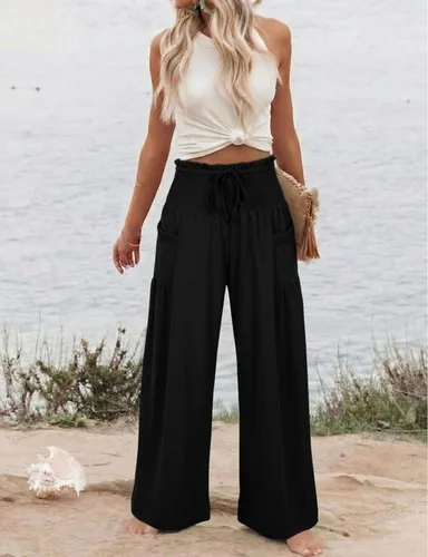 Vista 2 de Athlisan Pantalones palazzo holgados de pierna ancha para mujer, estilo casual, bohemio, fruncido, cintura alta, pantalones de descanso, playa