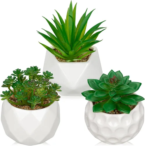 Vista 9 de Briful Plantas suculentas artificiales en maceta de cerámica, suculentas falsas con macetas negras, decoración moderna de escritorio para el hogar