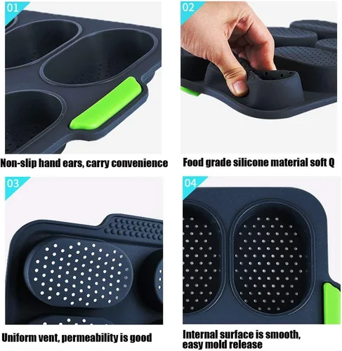 Vista 6 de Sartén de silicona para baguette, antiadherente, sin BPA, gris, 12 x 2.5 x 2.5 pulgadas