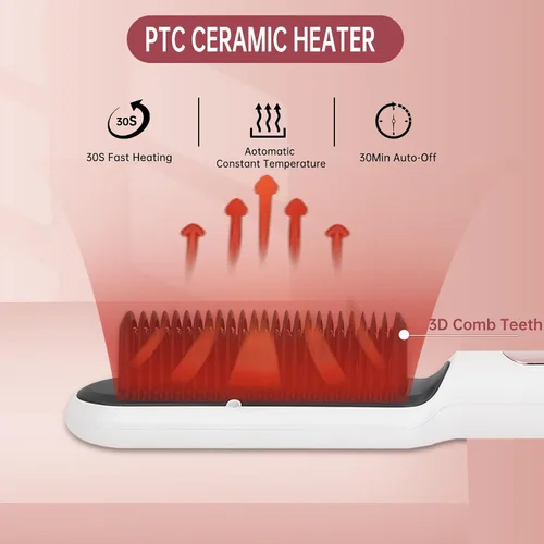 Vista 6 de Cepillo alisador de cabello iónico negativo con 9 ajustes de temperatura, peine alisador de cabello de calentamiento rápido de 30s con pantalla LED