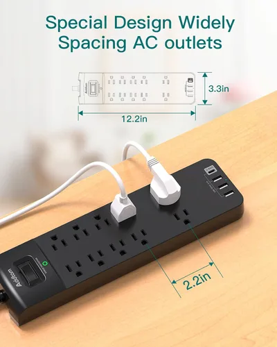 Vista 4 de Regleta de Enchufes - Addtam Protector contra Sobretensiones con 10 Tomas y 4 Puertos USB, Cable de Extensión de 6 Pies con Enchufe Plano, 2700 Negro