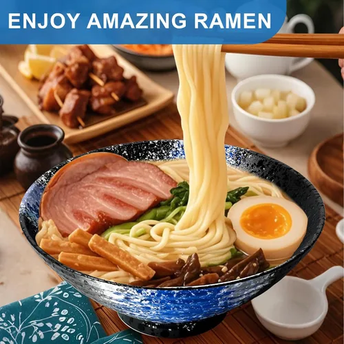 Vista 5 de Juego de 2 cuencos de cerámica para ramen de 8 pulgadas (9 piezas) – Tazones grandes de porcelana japonesa para ensalada, fideos, cereales, frutas