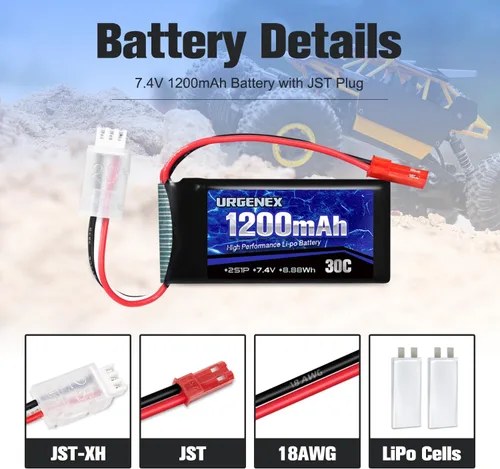 Vista 9 de Batería Lipo de 7.4 V con enchufe JST 2S 30C (60 C) batería de litio recargable de 1200 mAh compatible con UDIRC Cheewing y la mayoría de coches RC