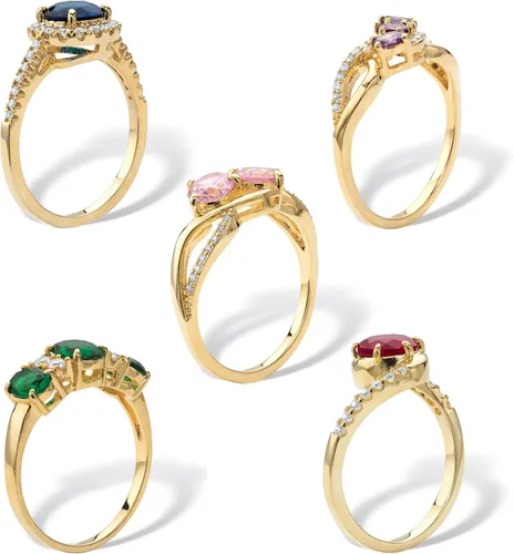 Vista 2 de PalmBeach Yellow Gold-plated Multi Color Simulated Gemstone and Cubic Zirconia 5 Piece Ring Set