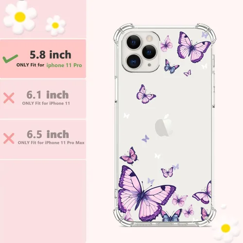 Vista 2 de OOZ Funda de cristal para iPhone 11 Pro (2019) de 5.8 pulgadas, bonita funda protectora transparente, seductor patrón de mariposa morada, suave a