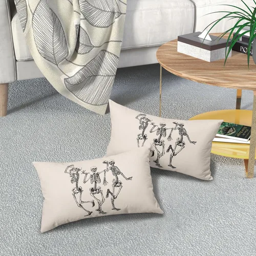 Vista 7 de Juego de 2 fundas de almohada lumbar de calavera de Halloween de 12 x 20 pulgadas, fundas de almohada rectangulares de esqueleto, fundas de almohada