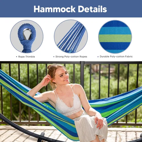 Vista 3 de SUNCREAT Hamaca portátil para exteriores con soporte incluido, hamaca doble con soporte para exteriores, rayas azules y verdes