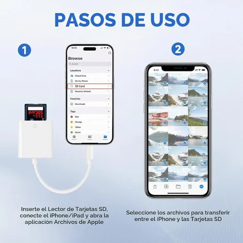 Vista 5 de (Certificado MFi de Apple) Lector de cámara de tarjetas Lightning a SD para iPhone, visor de cámara de rastro, adaptador de lector de tarjetas