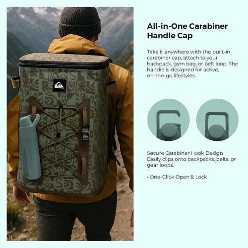 Vista 5 de Quiksilver Botella de agua de acero inoxidable de 24 onzas, vaso con aislamiento de boca ancha con gancho para mosquetón, acero 18/8, frío las 24