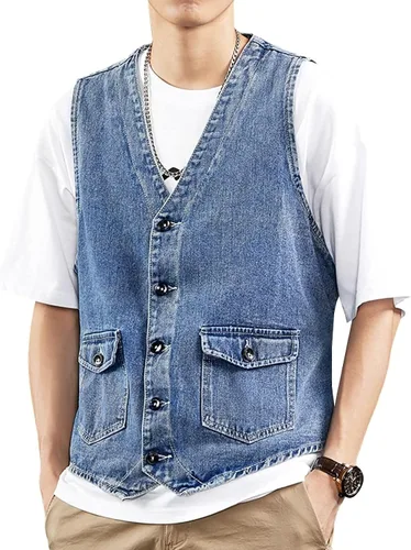 Vista 9 de LONGBIDA Chaleco de mezclilla para hombre, casual, ajustado, sin mangas, para exteriores