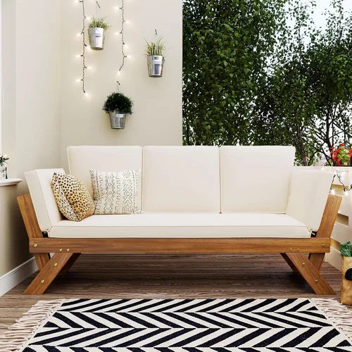 Vista 10 de Harper & Bright Designs Sofá convertible para exteriores con reposabrazos ajustable, sofá de madera maciza para patio con cojines, acabado Acabado
