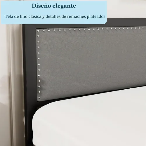 Vista 4 de VECELO Marco de cama tamaño Queen con cabecera tapizada, plataforma resistente con listones de metal fuertes, no necesita somier, fácil montaje