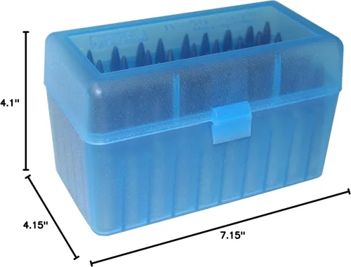 Vista 6 de MTM Caja de munición para rifle de 50 cartuchos con tapa abatible Large Mag (Azul transparente)