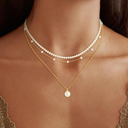 Vista 2 de Collares de perlas para mujer, a la moda, chapado en oro de 18 quilates, collar de perlas en capas, collar y aretes de perlas delicadas, pulseras