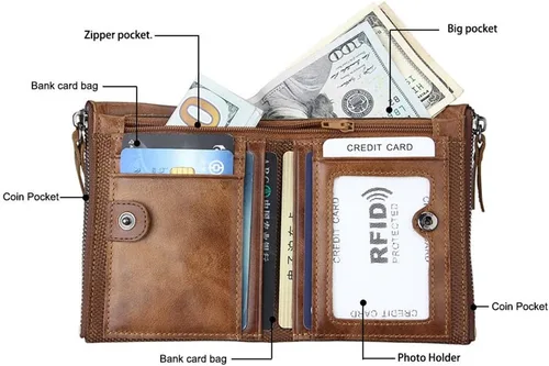 Vista 4 de Monedero plegable para hombre, de piel auténtica, con cremallera, cambio, monedero