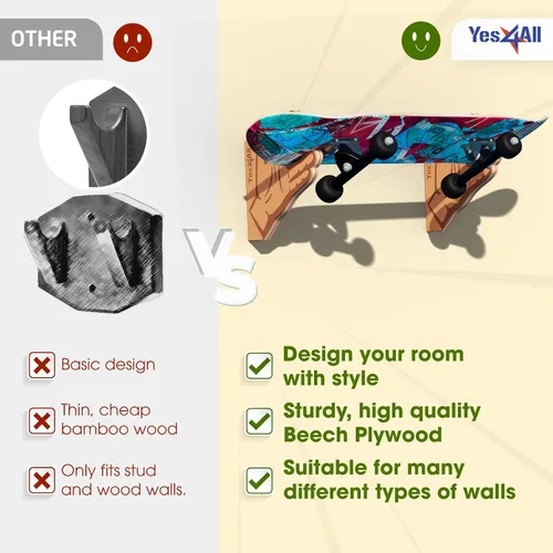 Vista 6 de Yes4All Estante único de madera para patineta, almacenamiento de longboard montado en la pared para decoración del hogar y organizador de garaje