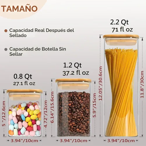 Vista 2 de Envases de almacenamiento de vidrio con tapas, tarro de almacenamiento de alimentos transparente con tapa de bambú sellada para fideos, harina